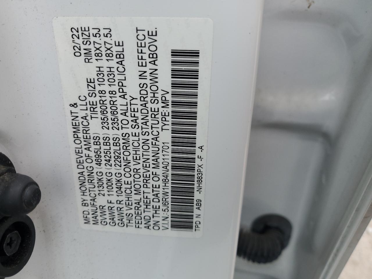2022 HONDA CR-V EXL VIN:5J6RW1H84NA011701