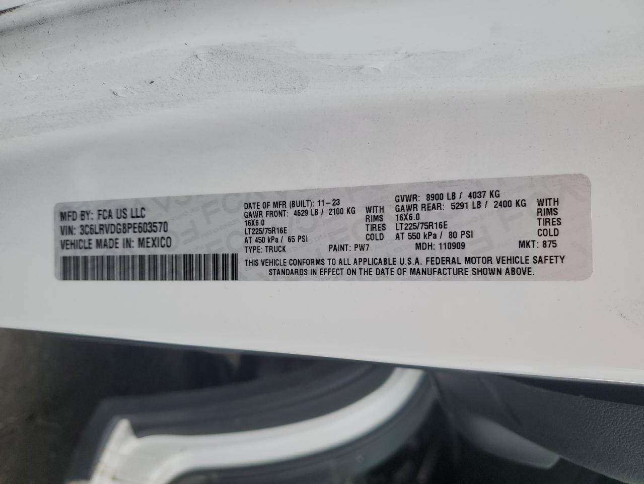 2023 RAM PROMASTER 2500 2500 HIGH VIN:3C6LRVDG8PE603570