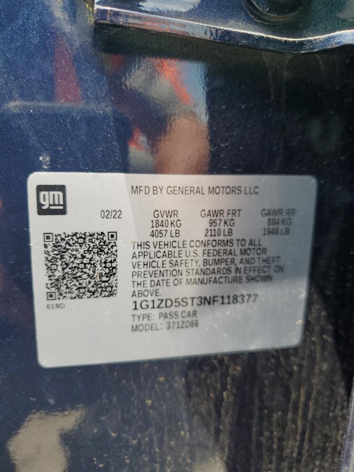 2022 CHEVROLET MALIBU LT VIN:1G1ZD5ST3NF118377