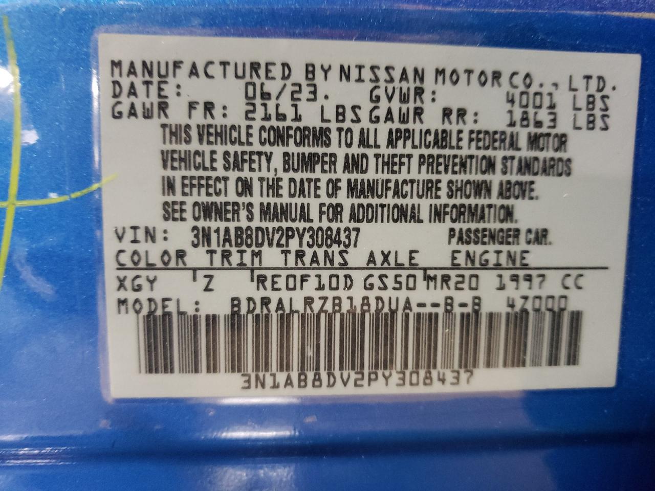 2023 NISSAN SENTRA SR VIN:3N1AB8DV2PY308437