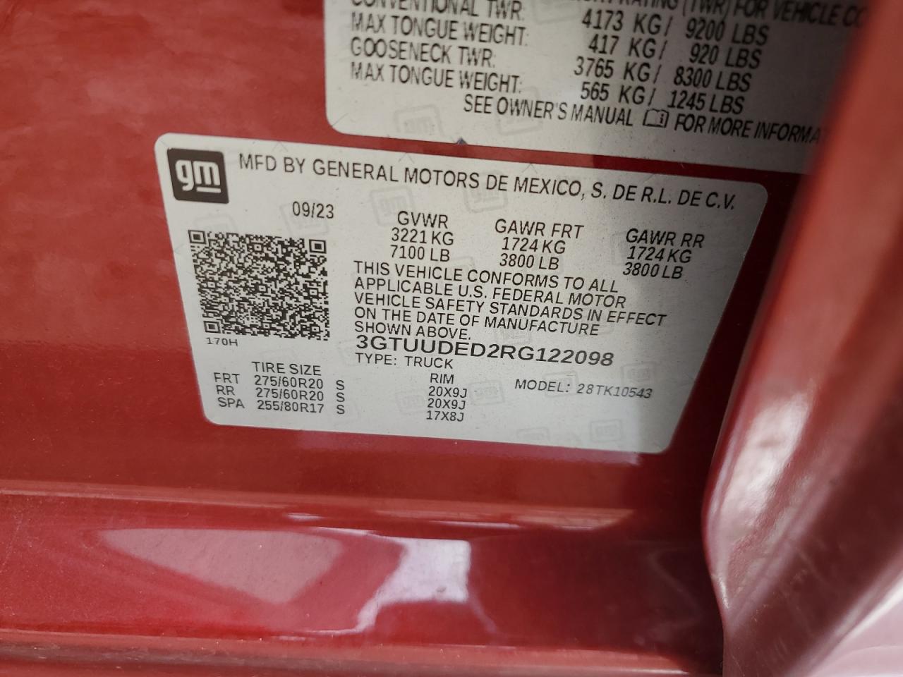 2024 GMC SIERRA K1500 SLT VIN:3GTUUDED2RG122098