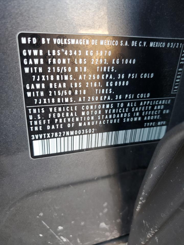 2022 VOLKSWAGEN TAOS SE VIN:3VVTX7B27NM003502