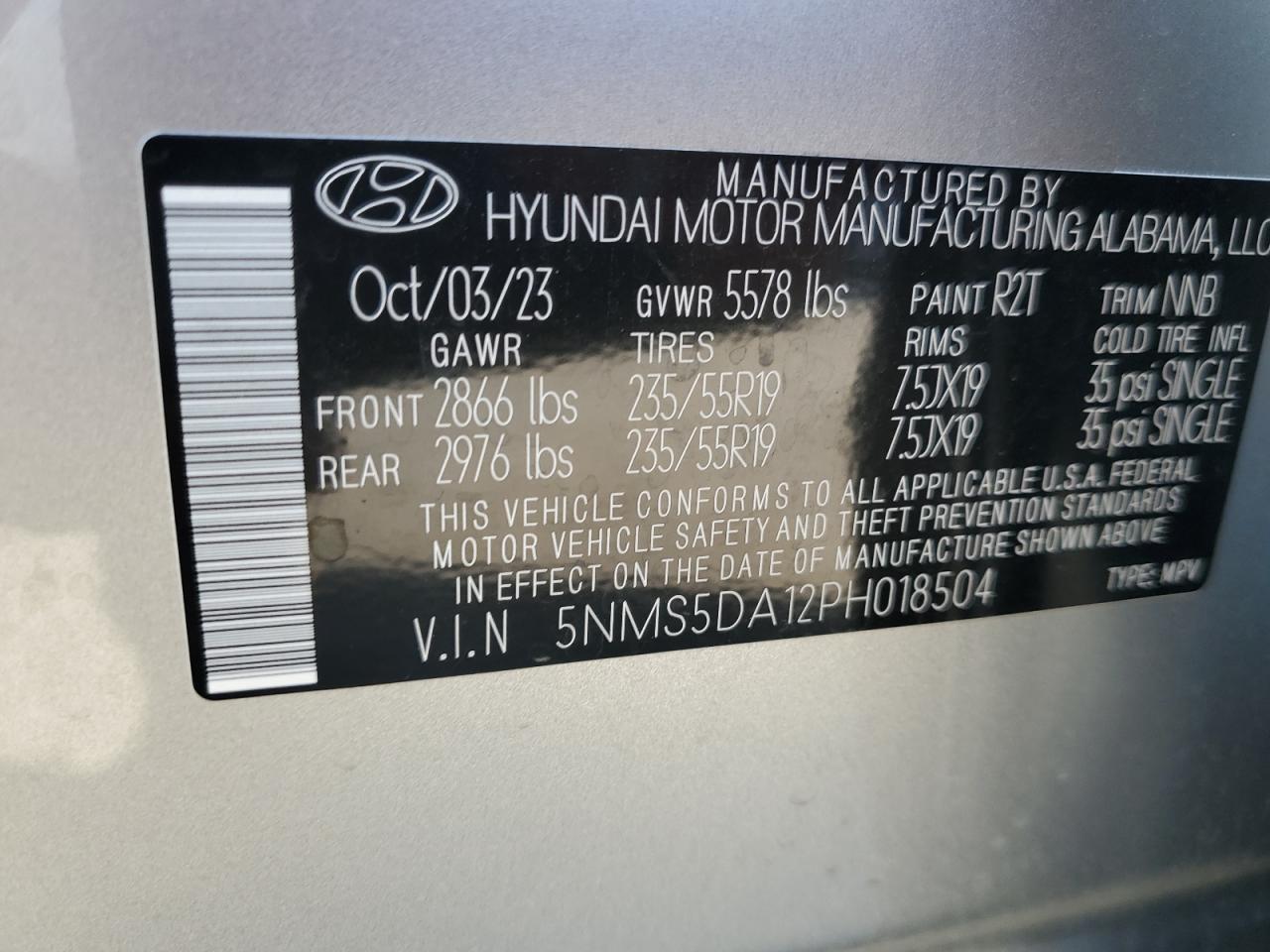 2023 HYUNDAI SANTA FE LIMITED VIN:5NMS5DA12PH018504