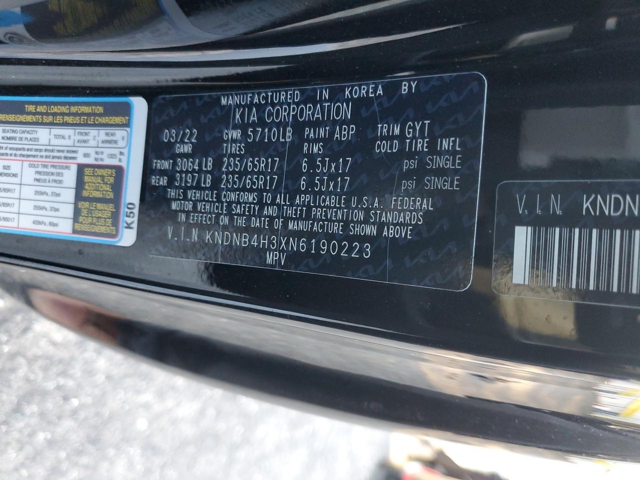 2022 KIA CARNIVAL LX VIN:KNDNB4H3XN6190223