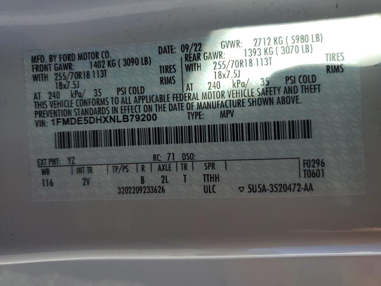 2022 FORD BRONCO BASE VIN:1FMDE5DHXNLB79200