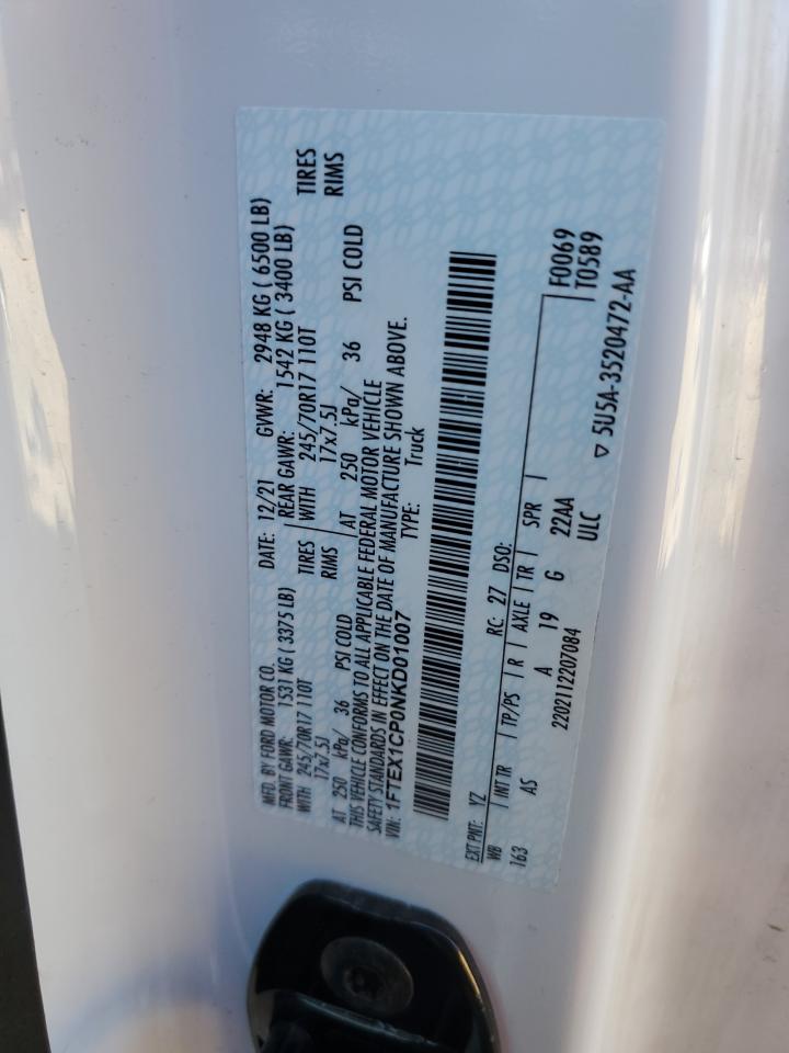 2022 FORD F150 SUPER CAB VIN:1FTEX1CP0NKD01007