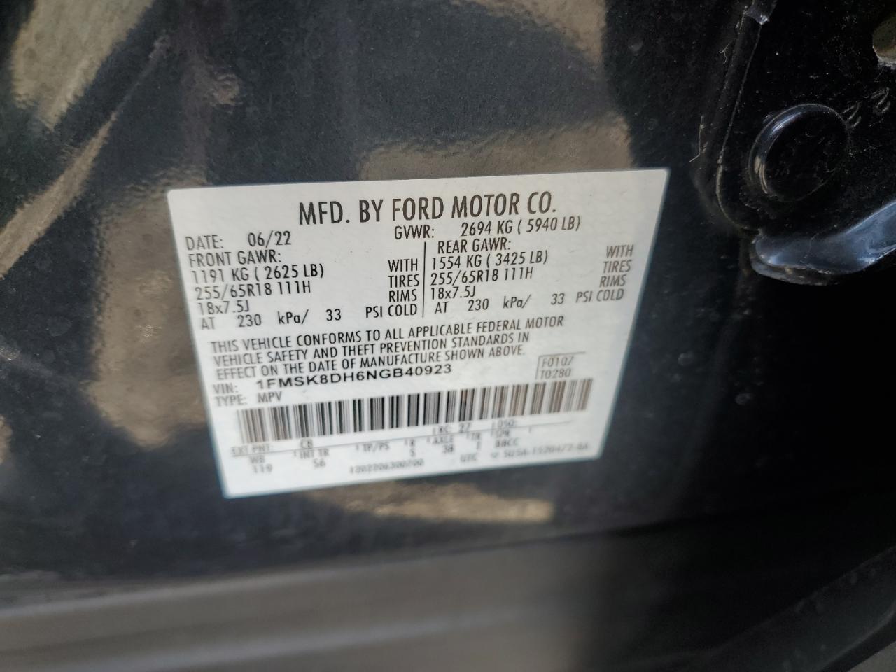 2022 FORD EXPLORER XLT VIN:1FMSK8DH6NGB40923
