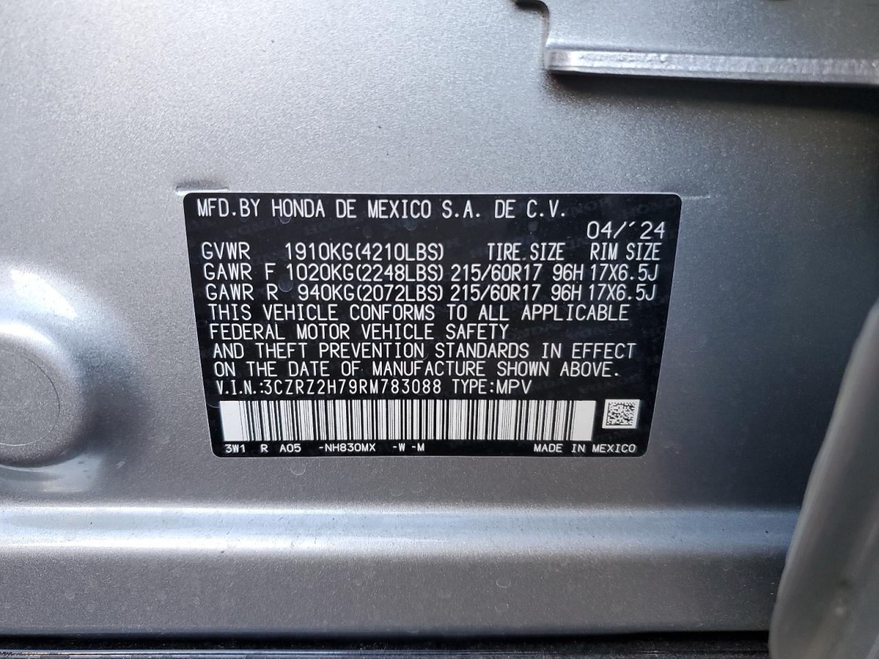 2024 HONDA HR-V EXL VIN:3CZRZ2H79RM783088