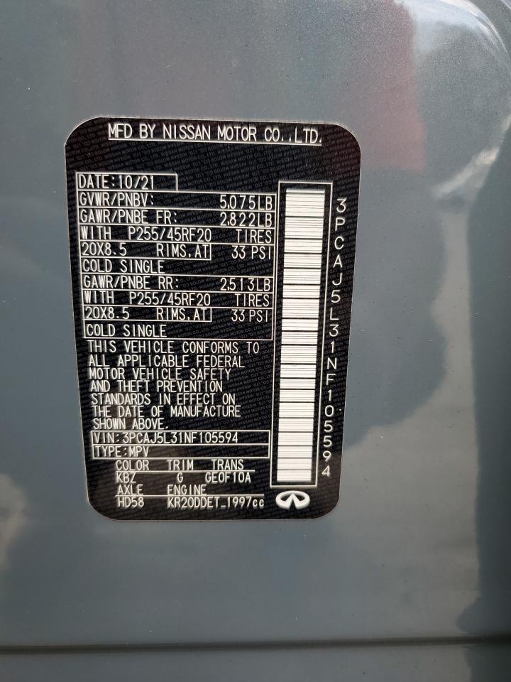 2022 INFINITI QX55 SENSORY VIN:3PCAJ5L31NF105594