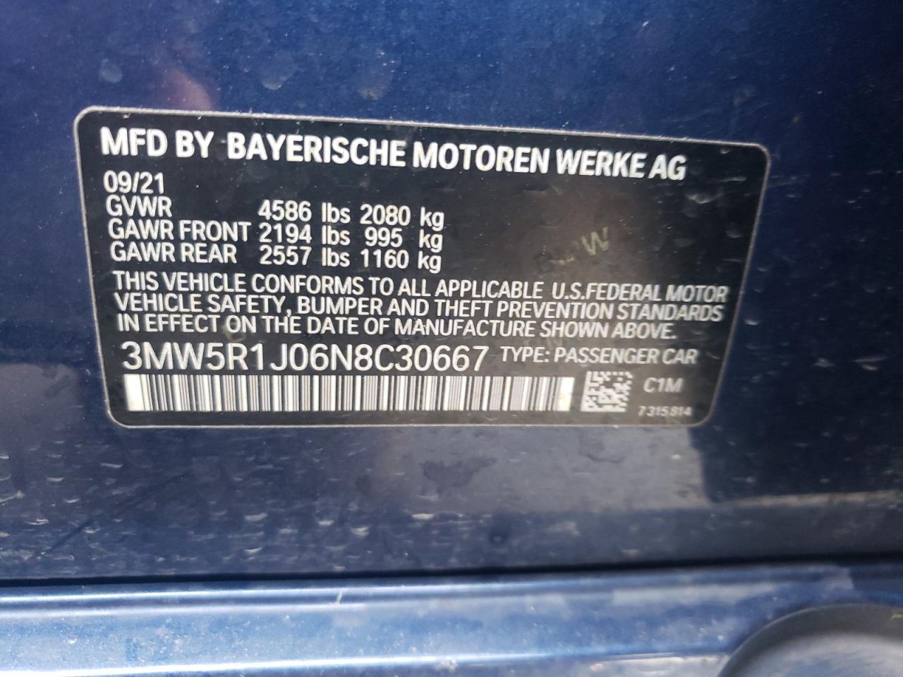 2022 BMW 330I  VIN:3MW5R1J06N8C30667