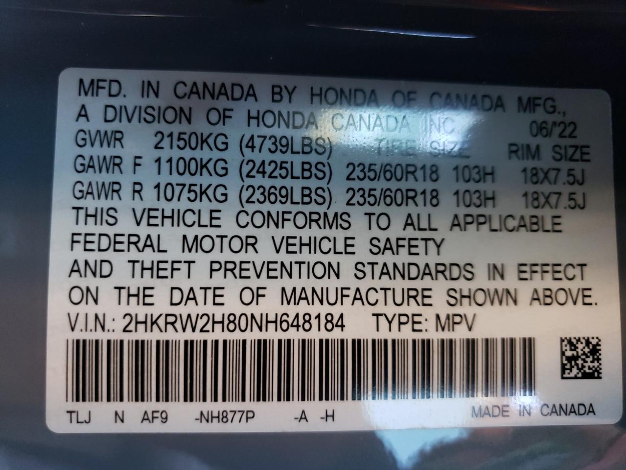 2022 HONDA CR-V EXL VIN:2HKRW2H80NH648184