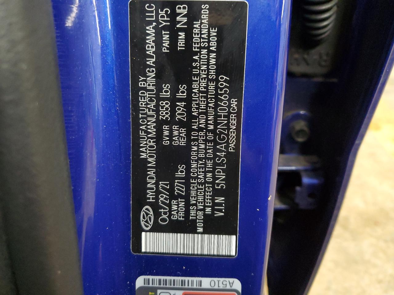 2022 HYUNDAI ELANTRA SEL VIN:5NPLS4AG2NH066599