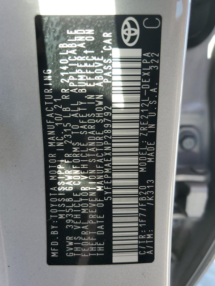 2022 TOYOTA COROLLA LE VIN:5YFEPMAEXNP289792