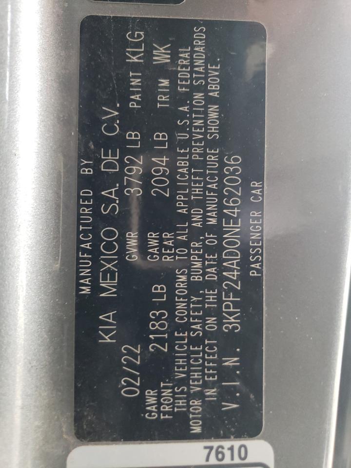 2022 KIA FORTE FE VIN:3KPF24AD0NE462036
