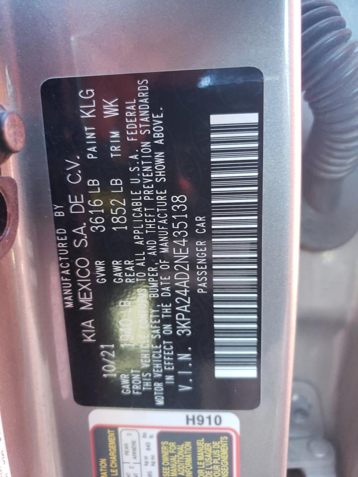 2022 KIA RIO LX VIN:3KPA24AD2NE435138