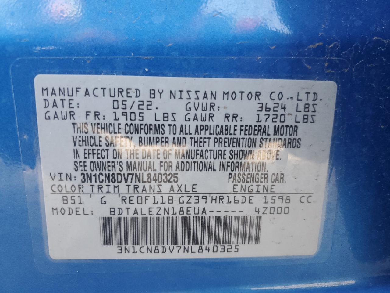 2022 NISSAN VERSA S VIN:3N1CN8DV7NL840325