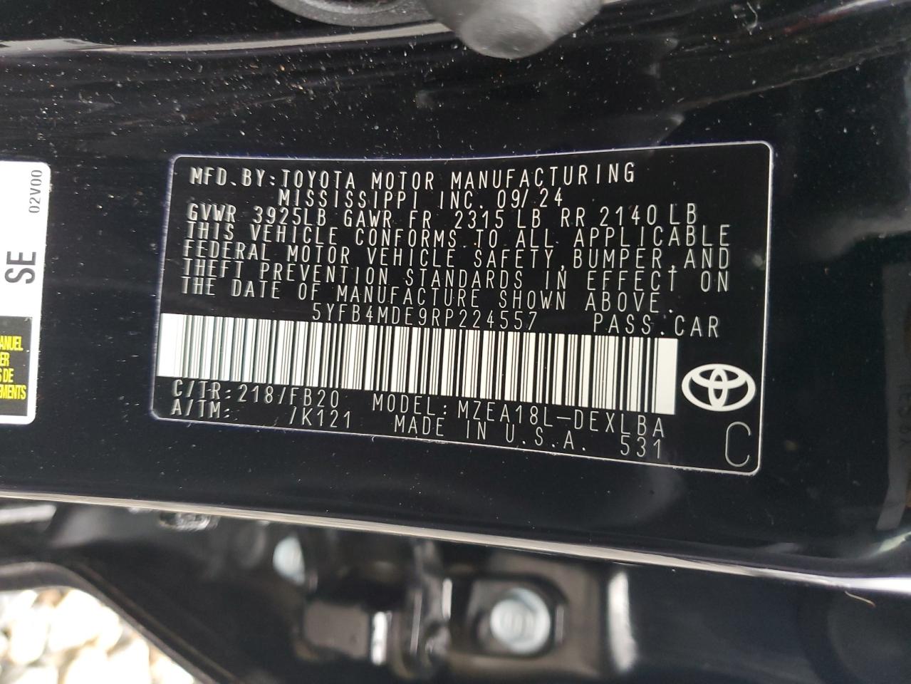 2024 TOYOTA COROLLA LE VIN:5YFB4MDE9RP224557