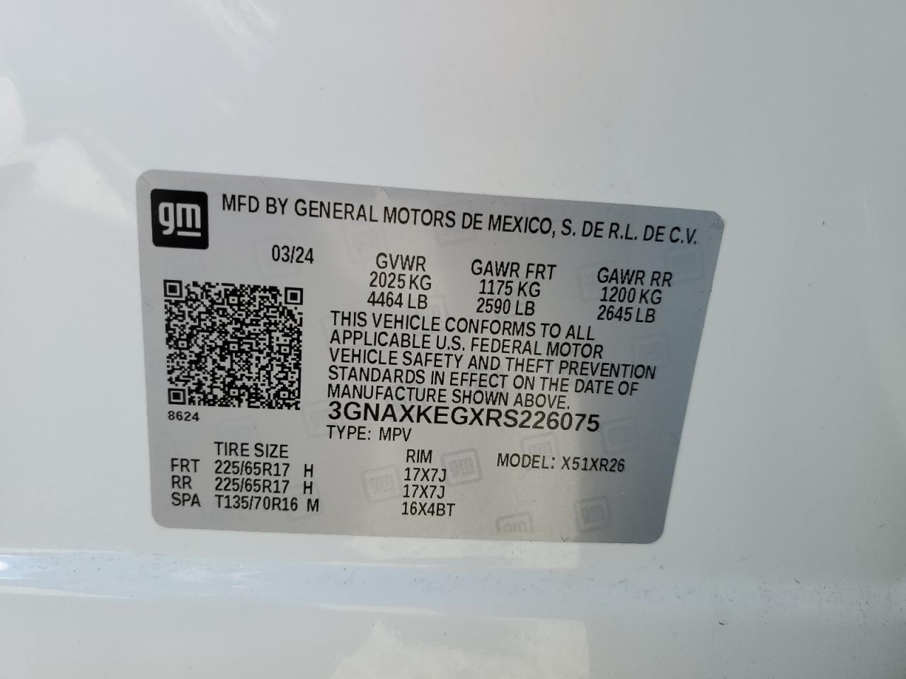 2024 CHEVROLET EQUINOX LT VIN:3GNAXKEGXRS226075