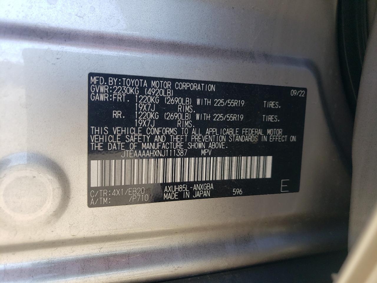 2022 TOYOTA VENZA LE VIN:JTEAAAAHXNJ111387