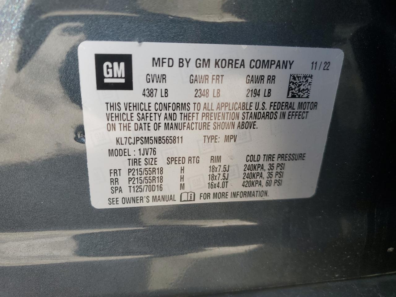 2022 CHEVROLET TRAX 1LT VIN:KL7CJPSM5NB565811