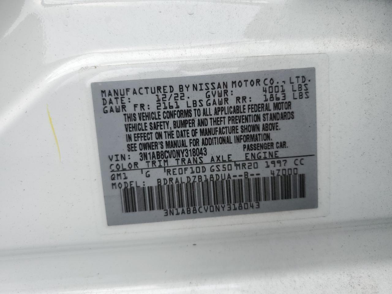 2022 NISSAN SENTRA SV VIN:3N1AB8CV0NY318043