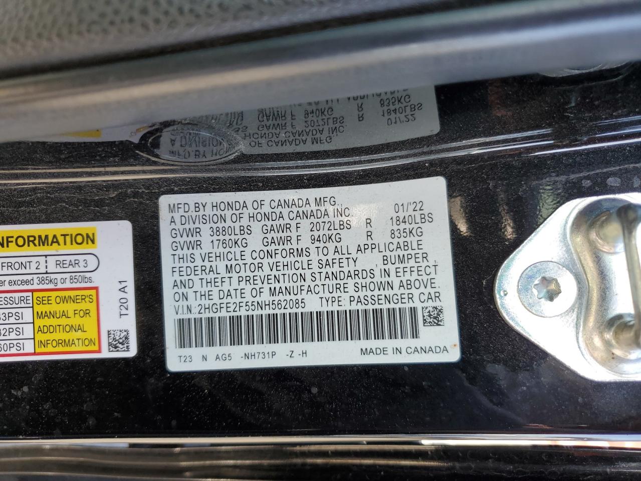 2022 HONDA CIVIC SPORT VIN:2HGFE2F55NH562085