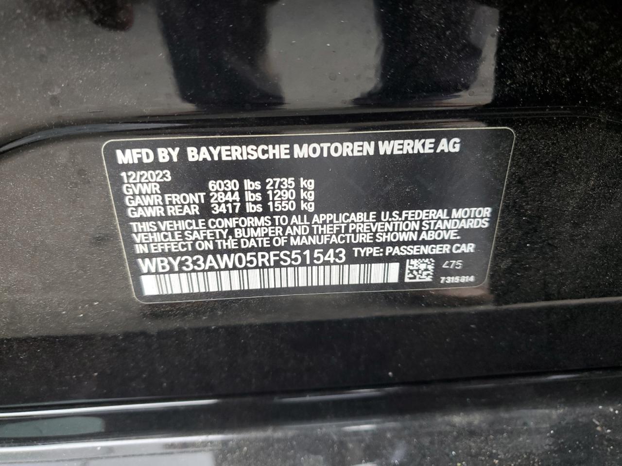 2024 BMW I4 M50 VIN:WBY33AW05RFS51543