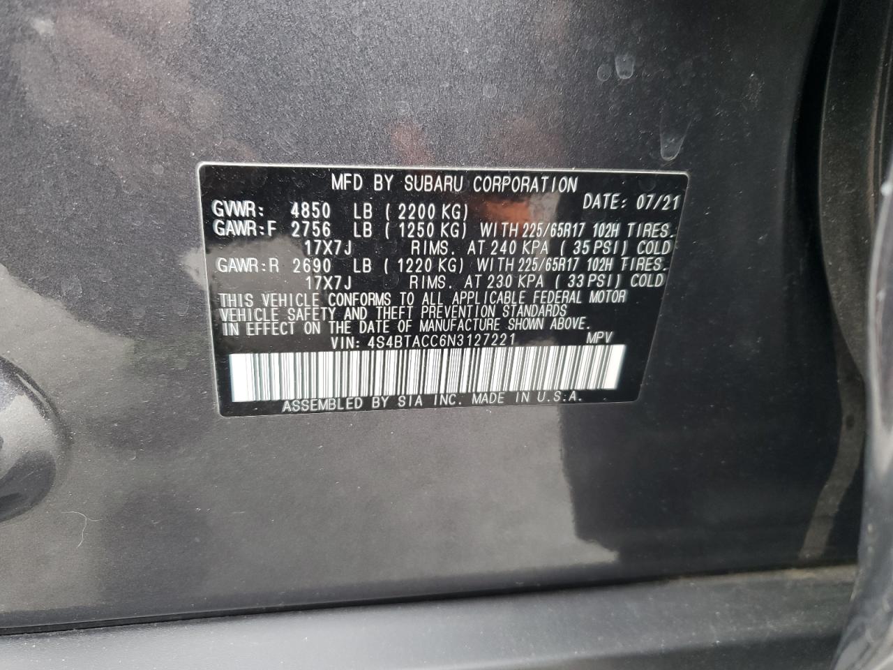 2022 SUBARU OUTBACK PREMIUM VIN:4S4BTACC6N3127221