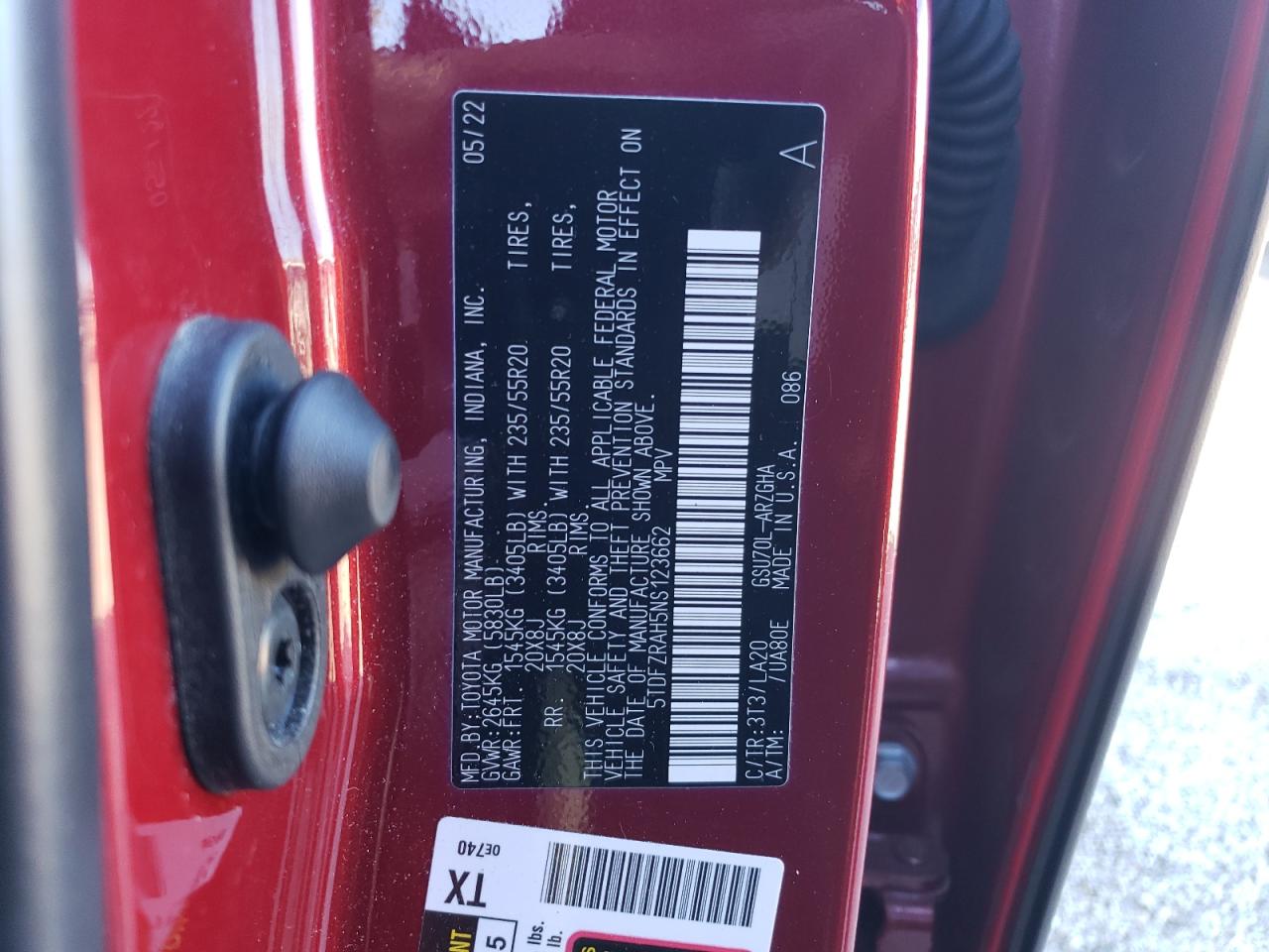 2022 TOYOTA HIGHLANDER PLATINUM VIN:5TDFZRAH5NS123662