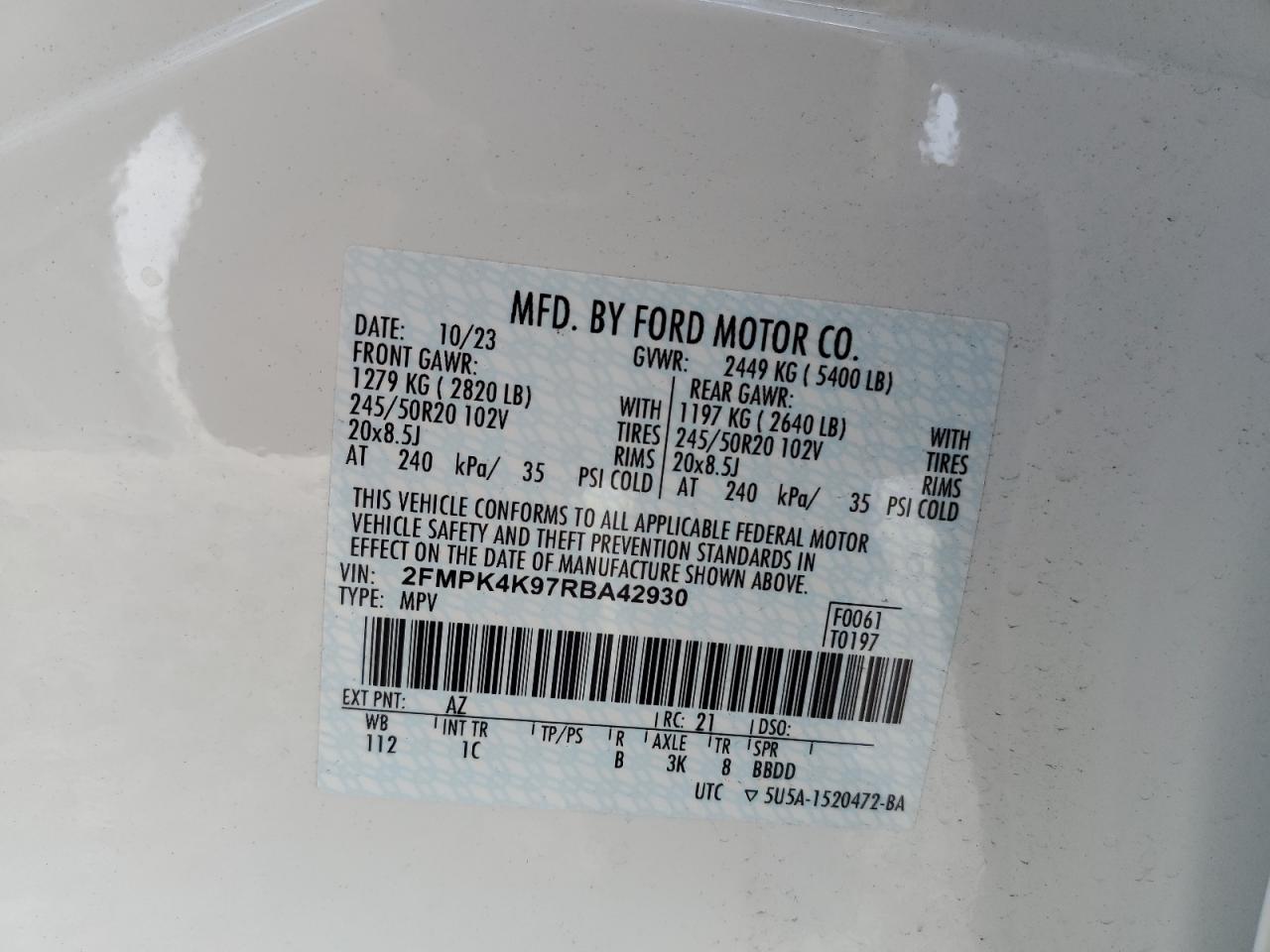 2024 FORD EDGE TITANIUM VIN:2FMPK4K97RBA42930