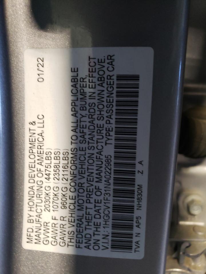 2022 HONDA ACCORD SPORT VIN:1HGCV1F31NA022985