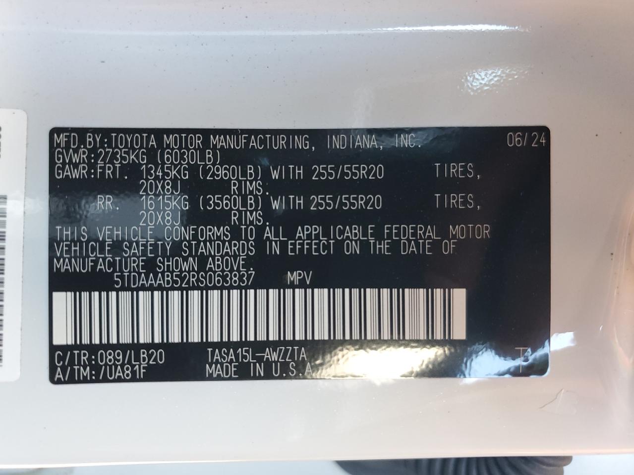 2024 TOYOTA GRAND HIGHLANDER XLE VIN:5TDAAAB52RS063837