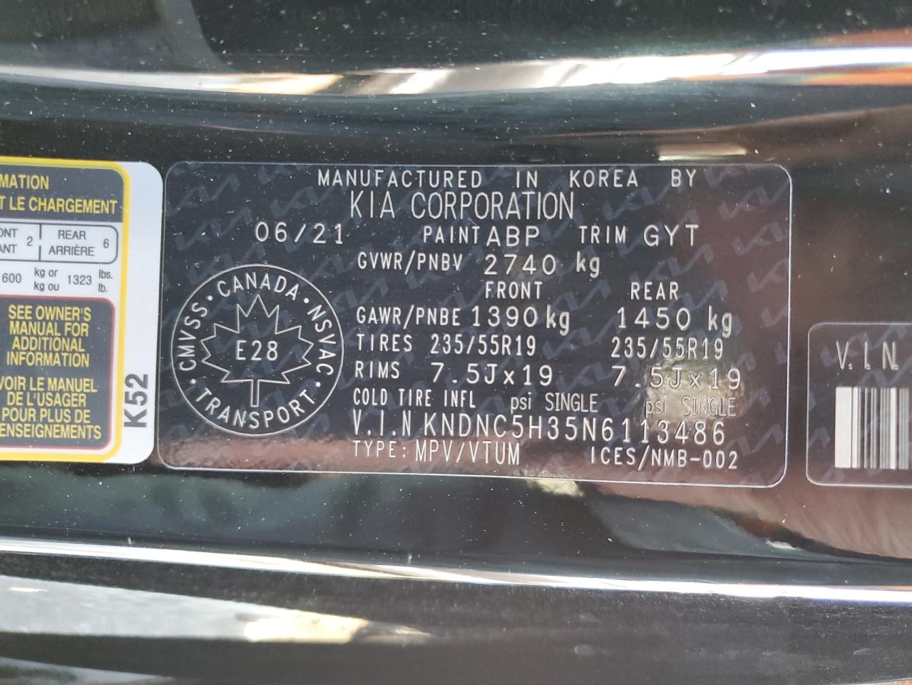 2022 KIA CARNIVAL EX VIN:KNDNC5H35N6113486