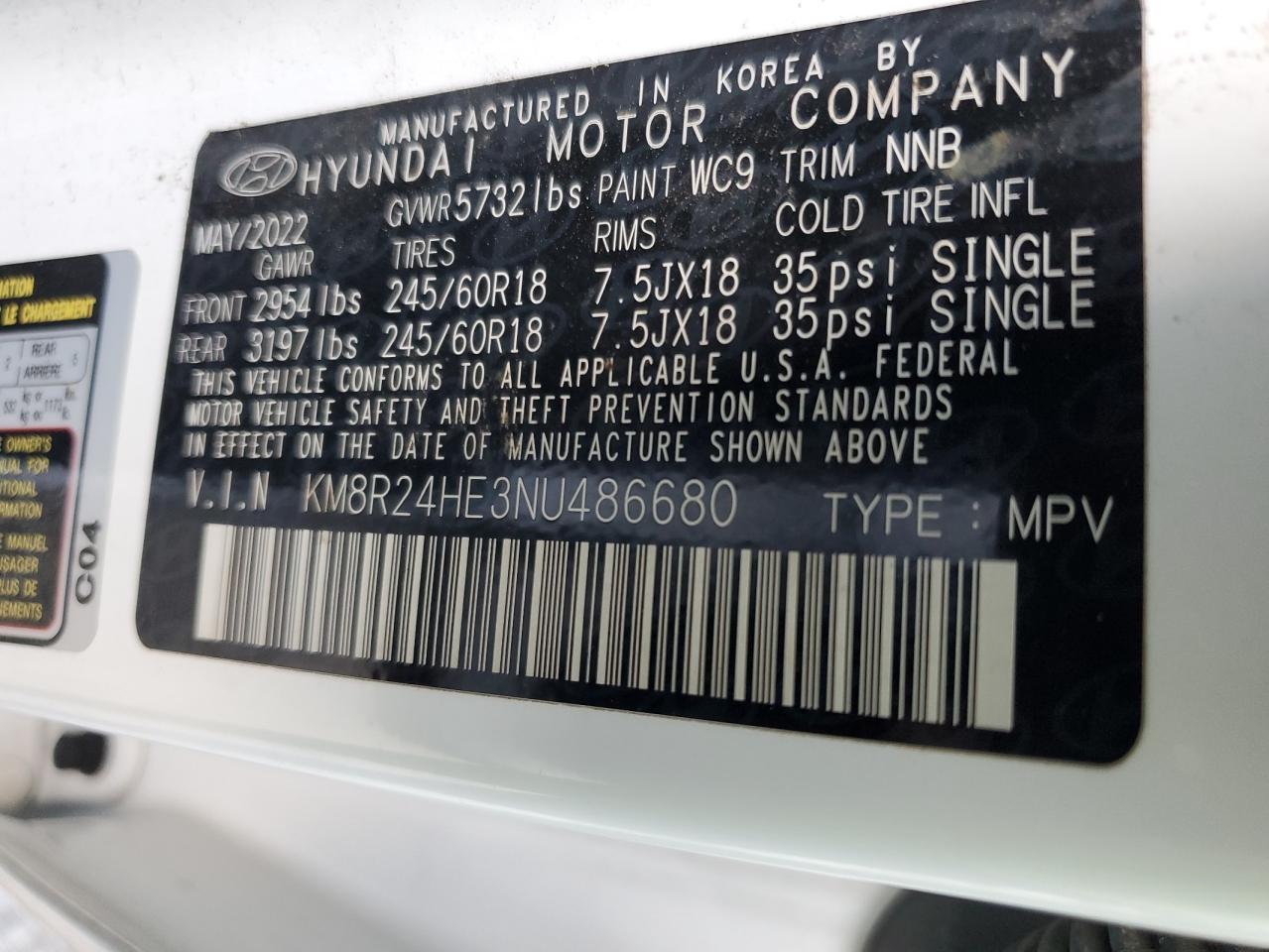 2022 HYUNDAI PALISADE SEL VIN:KM8R24HE3NU486680