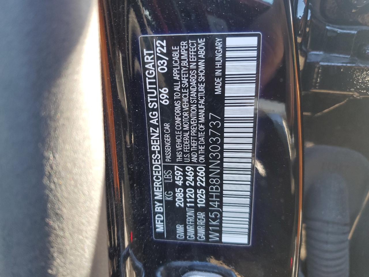 2022 MERCEDES-BENZ CLA 250 4MATIC VIN:W1K5J4HB8NN303737