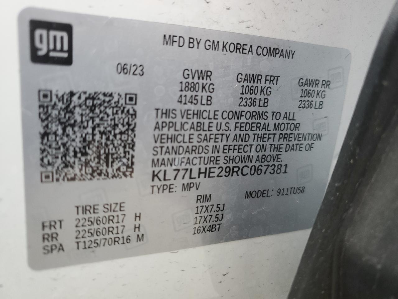 2024 CHEVROLET TRAX 1LT VIN:KL77LHE29RC067381