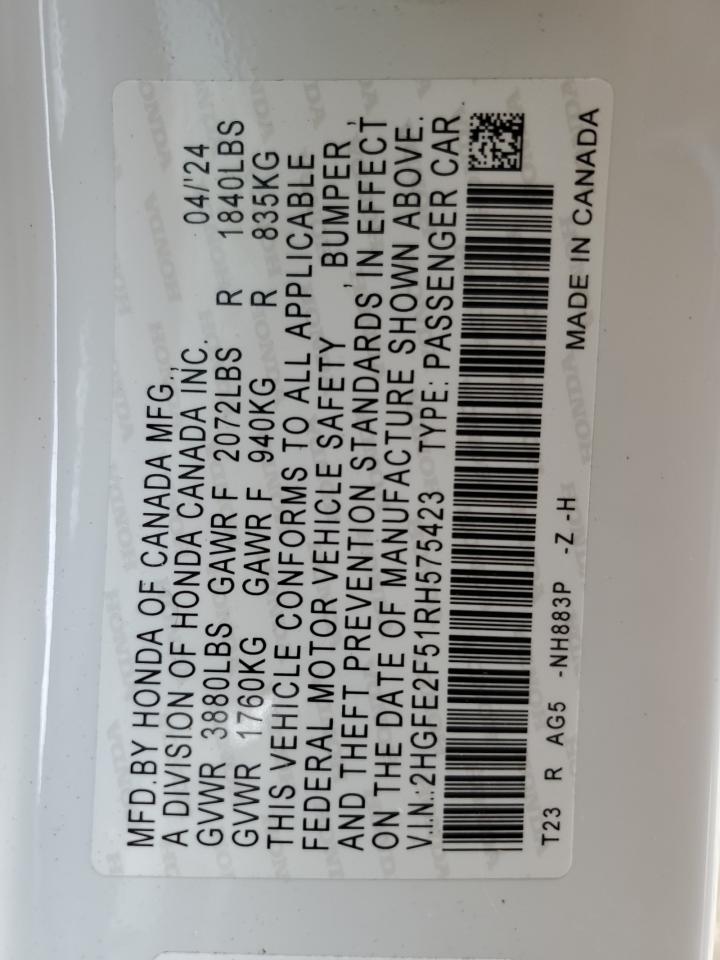 2024 HONDA CIVIC SPORT VIN:2HGFE2F51RH575423