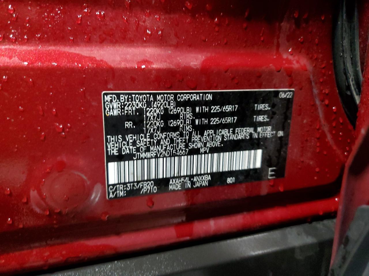 2022 TOYOTA RAV4 LE VIN:JTMMWRFV2ND154667