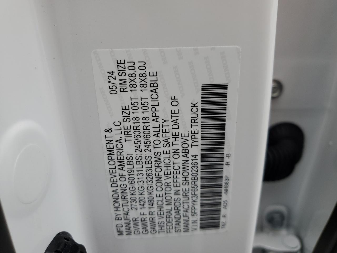 2024 HONDA RIDGELINE TRAIL SPORT VIN:5FPYK3F65RB023614