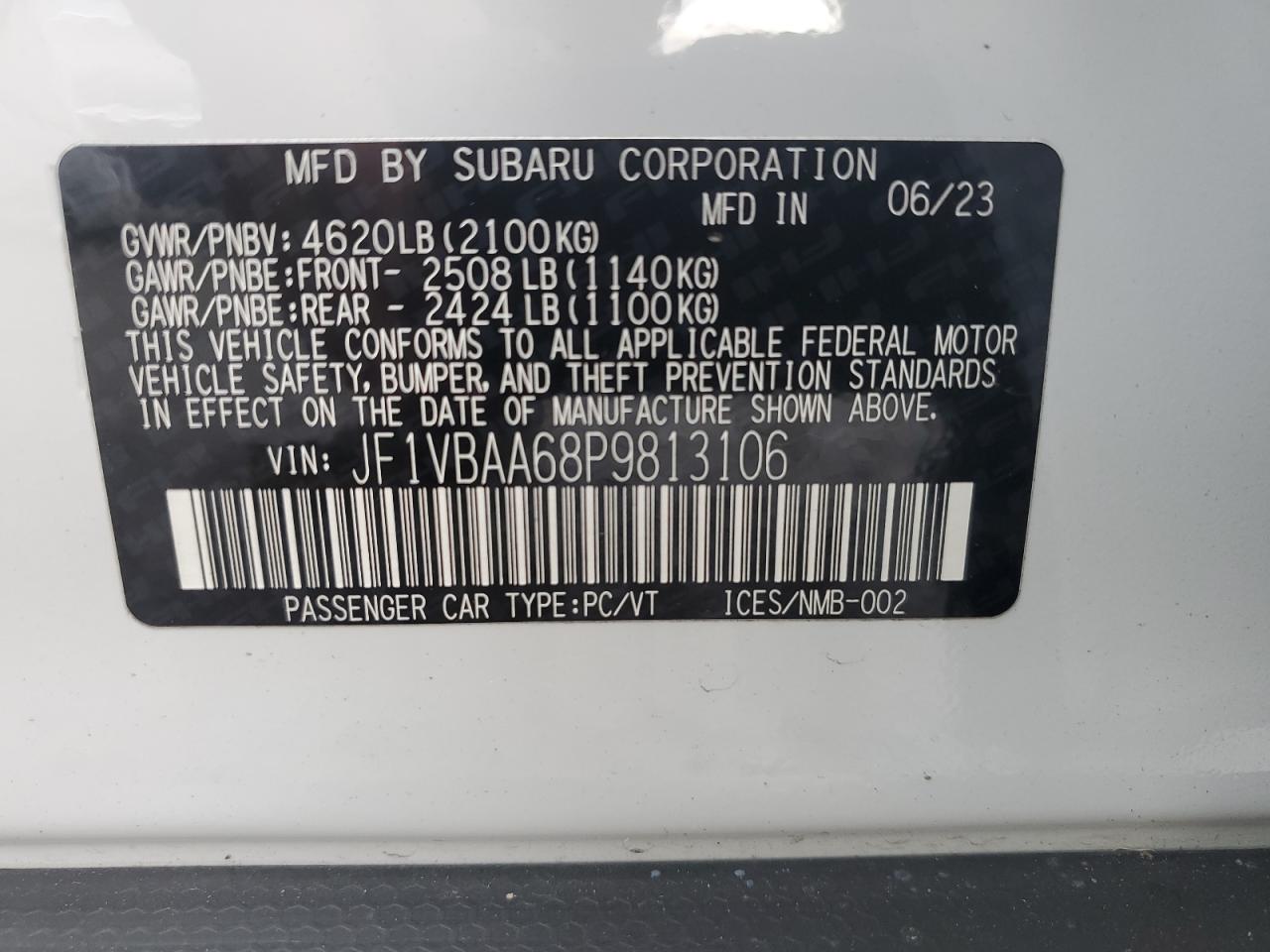 2023 SUBARU WRX  VIN:JF1VBAA68P9813106