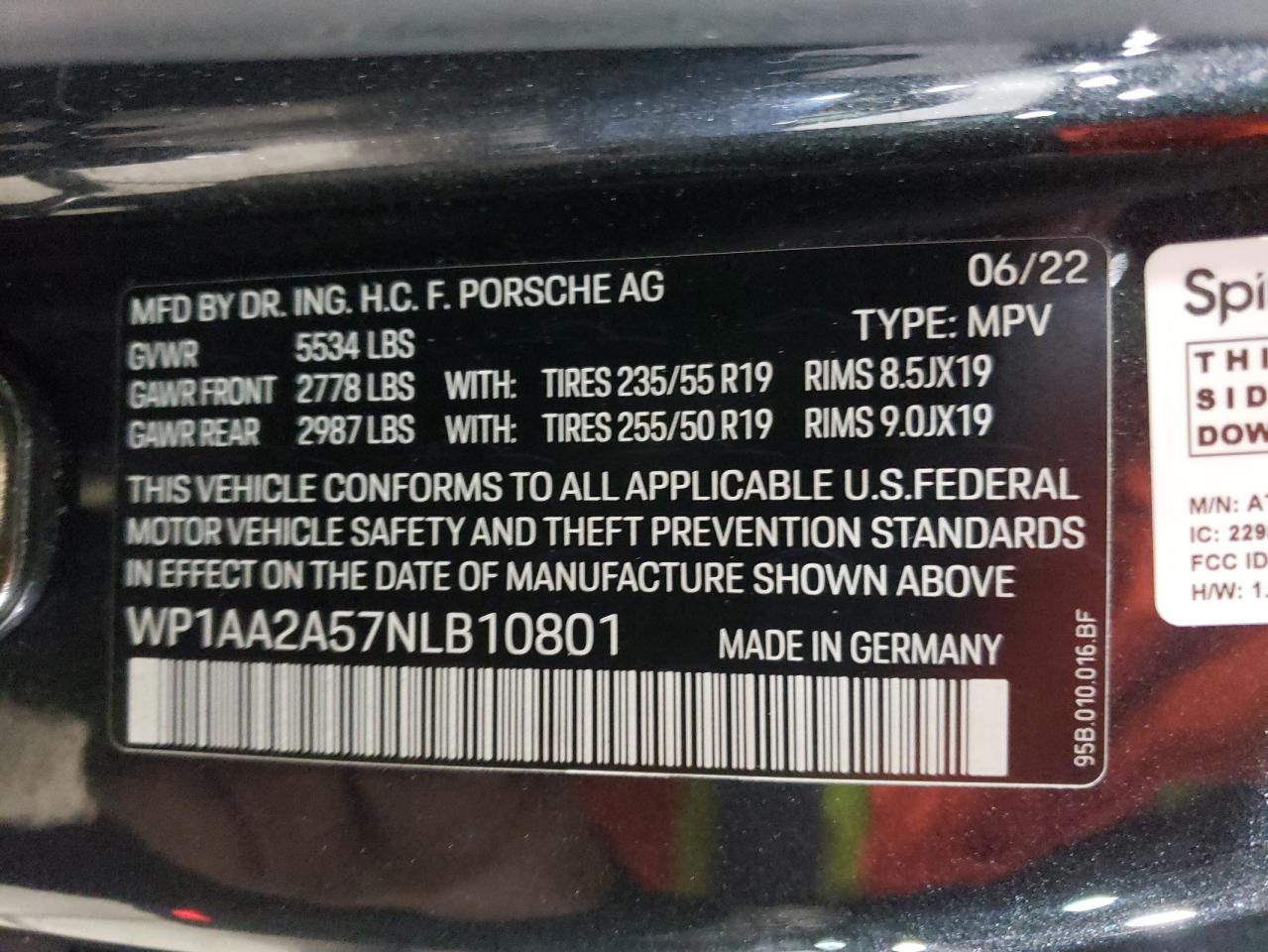 2022 PORSCHE MACAN  VIN:WP1AA2A57NLB10801