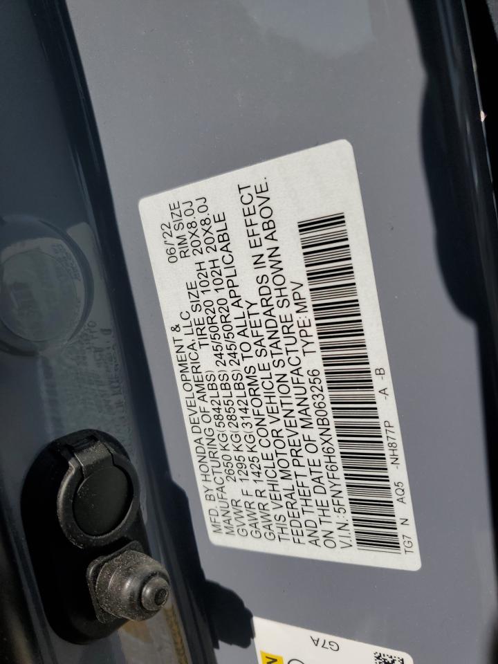2022 HONDA PILOT TOURING VIN:5FNYF6H6XNB063256