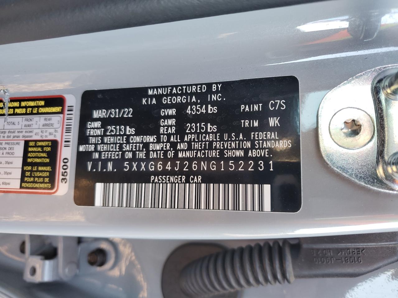 2022 KIA K5 GT LINE VIN:5XXG64J26NG152231