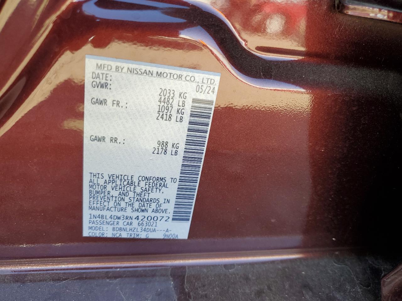 2024 NISSAN ALTIMA SV VIN:1N4BL4DW3RN420072