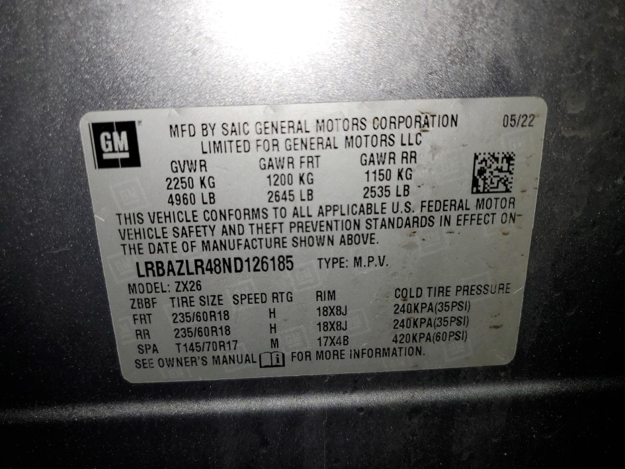 2022 BUICK ENVISION PREFERRED VIN:LRBAZLR48ND126185