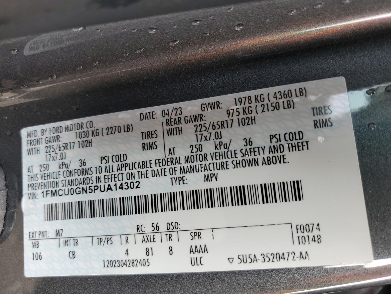 2023 FORD ESCAPE ACTIVE VIN:1FMCU0GN5PUA14302