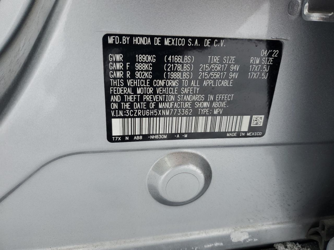 2022 HONDA HR-V EX VIN:2FMDK3KC0DBA13061