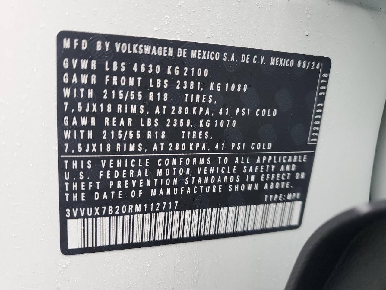 2024 VOLKSWAGEN TAOS SE VIN:3VVUX7B20RM112717