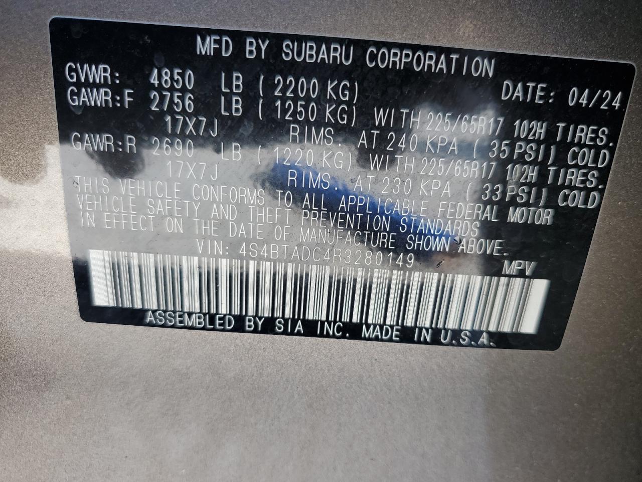 2024 SUBARU OUTBACK PREMIUM VIN:4S4BTADC4R3280149