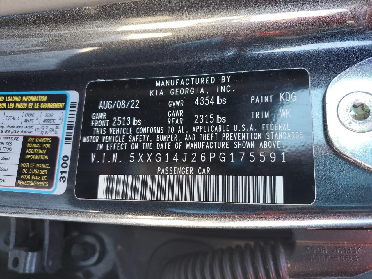 2023 KIA K5 LXS VIN:5XXG14J26PG175591